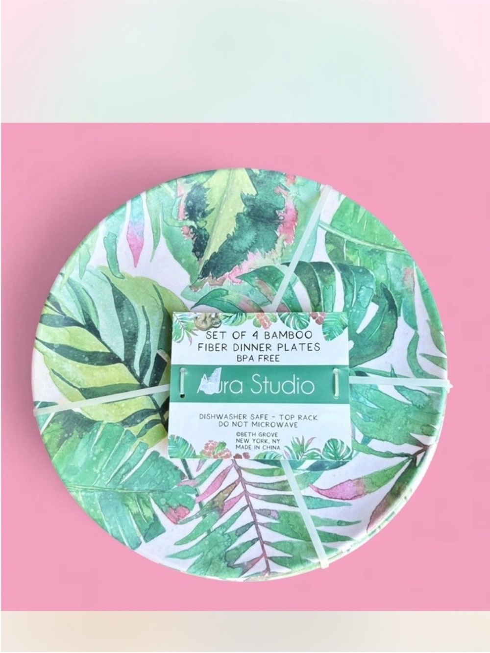 NWT < Aura Studio Green Tropical Leaf Bamboo Dinner Plates (Set of 4)